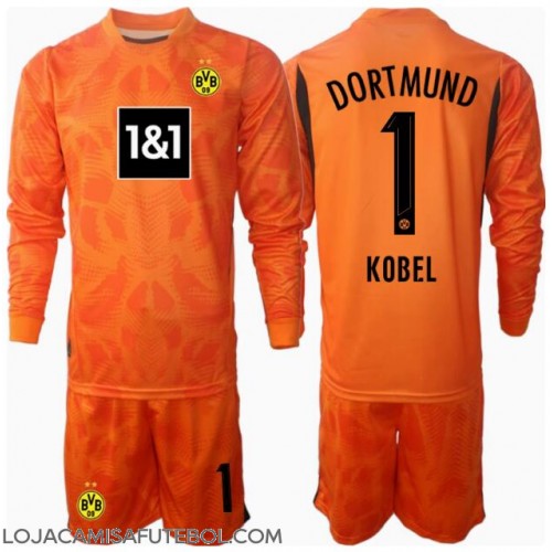 Camisa de Futebol Borussia Dortmund Gregor Kobel #1 Goleiro Equipamento Alternativo Infantil 2024-25 Manga Comprida (+ Calças curtas)